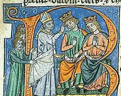 Fulk and Melisende, enthroned, being crowned by a prelate