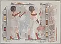 Fragment of a wall painting from TT63 depicting men carrying papyrus reeds and waterfowl.