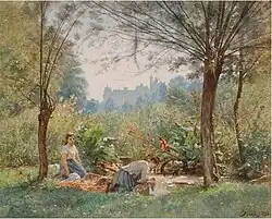 Vue animée de Pierrefonds avec deux lavandières au premier plan (1881)