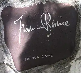 Plate and signature of Franca Rame