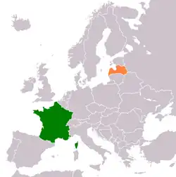 Map indicating locations of France and Latvia