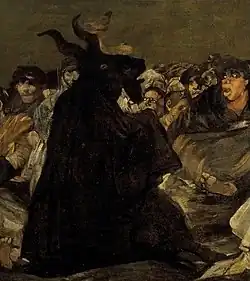 Demonic goat-figure before a frightened crowd