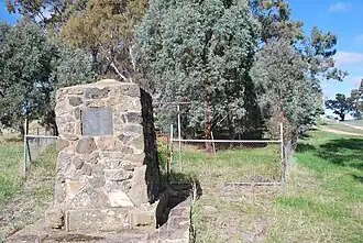 Monument at Franklinford. It reads "Edward Stone Parker 1802 - 1865 Regional Pioneer Protector of Aboriginies established the Loddon Aboriginal Station, Homestead, Church and School near this site in 1841. His devoted service remains a challenge and inspiration. April 1966."
