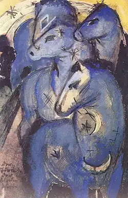 Tower of Blue Horses; by Franz Marc; 1912; ink and guache on card; 14.3 x 9.4&nbsp;cm; Bavarian State Painting Collections (Munich, Germany)[262]