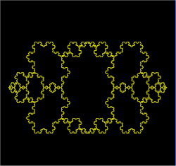 Fractal elongated Koch snowflake (Siamese) tiled with infinite copies of itself[9]
