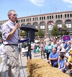 Fred Karger campaigning to a crowd of people at the Iowa State Fair on April 28, 2012