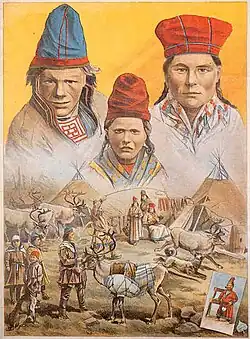 Poster advertising an ethnological exposition of Sámi people in Hamburg–St. Pauli, 1893–1894, showing figures in traditional clothing arranged around a camp scene.