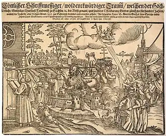 Print showing Luther inscribing a church door with a giant quill. The opposite end of the quill pierces a lion's head. There are many other symbolic and historical figures.