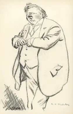 A cartoon drawing of an obese man in a still-oversized suit with a tiny, mole-like face fiddling with his fingers