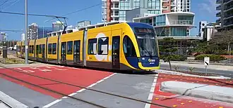 A Flexity 2 leaving Broadwater Parklands in September 2014