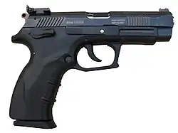 Black semi-automatic pistol shown in left profile, with textured grip, trigger guard, slide serrations, and adjustable rear sight; markings visible on the slide.