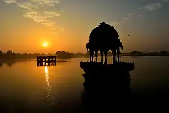 Early morning view of a chhatri in Gadisar Lake