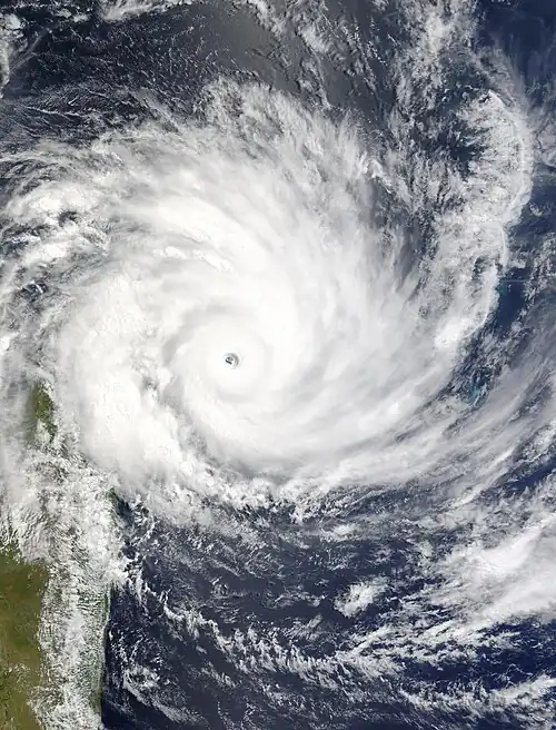 Image 68Satellite image of Cyclone Gafilo, a powerful Category 5 tropical cyclone which struck Madagascar in March 2004, causing devastating damage. This was taken just before landfall, when the system was at its peak intensity about 333 km (207 mi) east of Madagascar, with sustained windspeed of 260 km/h (160 mph). At least 250 people were listed dead, with more missing, and 300,000 people were left homeless due to Gafilo. (Credit: Terra satellite, NASA.) (from Portal:Earth sciences/Selected pictures)