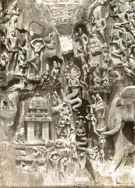 Rock relief at Mahabalipuram seems to show Vrikshasana at top left.[5]