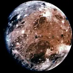 One of the first-ever clear images of Nicholson Regio (lower center), as seen in this enhanced-color image of Ganymede taken by Voyager 1 in March 1979.
