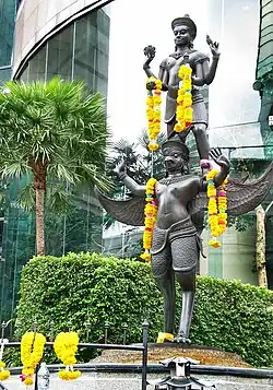 A statue in Bangkok depicting Vishnu on his vahana Garuda, the eagle. One of the oldest discovered Hindu-style statues of Vishnu in Thailand is from Wat Sala Tung in Surat Thani Province and has been dated to ~400 CE.[176]