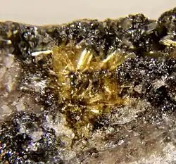 Yellow crystals protrude from a dark-colored base