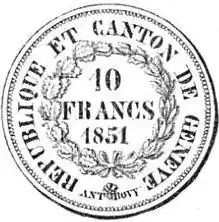 Reverse of coin. A wreath of oak and laurel surrounding the date and denomination. Inscription around the outer edge.