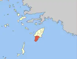 Gennadi (yellow dot) within South Rhodes municipal unit (red)