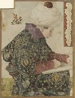 The seated scribe, traditionally attributed to Gentile Bellini, may actually have been painted by Costanzo da Ferrara.[5][4]