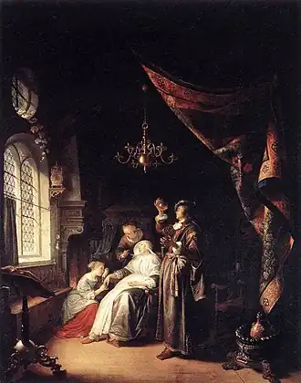 Oil on canvas work from the Dutch golden age, it depicts an older woman suffering from dropsy (edema), with a physician examining her urine as a diagnostic tool. She is surrounded by two comforting family members. The room is dark save for the light from a large window that creates an interesting effect on the painting.