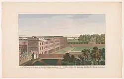 1753 illustration of the library and Anatomy House by Joseph Tudor. In the background can also be seen The Rubrics