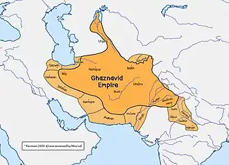 A map of Western Asia showing an empire stretching from Tehran to Lahore