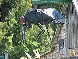 A large sculpture of a fly hanging in front of a small building