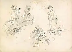 Sketch of a man and three boys in outdoor gear, carrying sticks and wearing hats; the man is blowing a hunting horn.