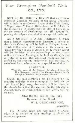 A document announcing that New Brompton Football Club has changed its name to Gillingham Football Club, dated 1913
