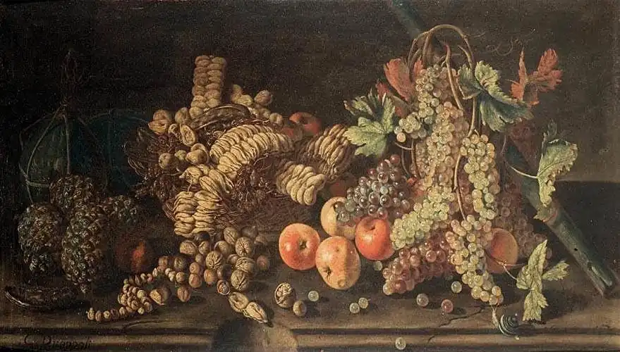Snail, Fruit, Nuts, Grapes, and Pinecones