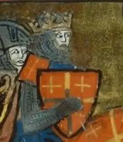 Depiction of the Jerusalem cross on a red (rather than silver) shield as the coat of arms of Godfrey of Bouillon in a 14th-century miniature.[11]