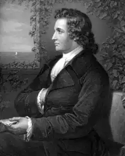 Engraved portrait of Johann Wolfgang von Goethe, shown in profile with one hand in his jacket.