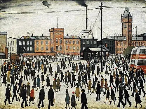 An oil panting of people walking in all directions through a bleak square wearing a variety of colours but mostly all black. The square backs onto tall yellow buildings with telegraph cables stretched around. Part of a trolleybus is visible to the right-hand side.