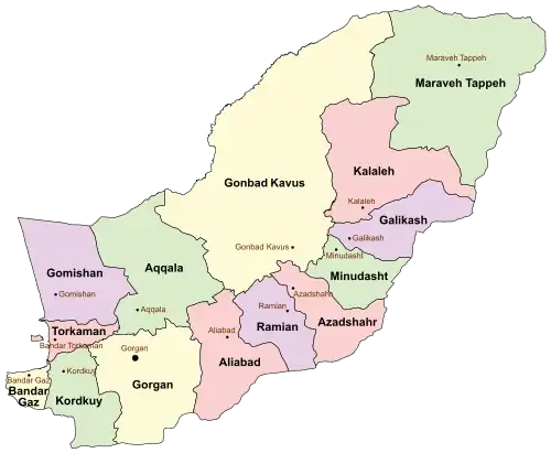 Location of Kalaleh County in Golestan province (top, pink)