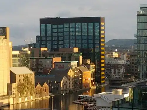 View of the Google Docks (Montevetro) building from the roof of The Marker Hotel, April 2014