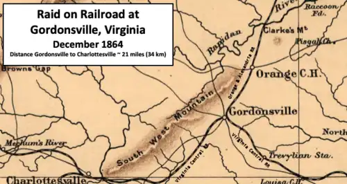 map showing Gordonsville at intersection of Virginia Central, Orange & Alexandria, and Virginia Central railroads