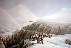 Winterreise 1790 über den Gotthard (colored engraving by Wilhelm Rothe according drawing by Johann Gottfried Jentzsch, 1790)