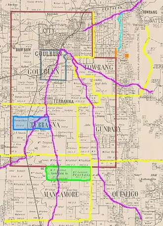 Location of Terranna in 1900 outlined in yellow