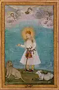 Akbar With Lion and Calf – by Govardhan (c. 1630), at the Metropolitan Museum of Art.