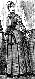 Afternoon costume with box pleated skirt and unpressed box pleated bodice panel, France, 1886