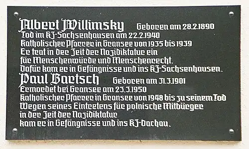 Commemorative plaque in Gransee in memory of priests Albert Willimsky and Paul Bartsch, who spoke for Polish forced labourers in times of Nazism