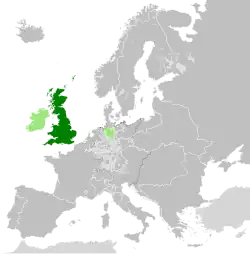 Map of Great Britain (dark green), Ireland and Hanover (light green) in 1789