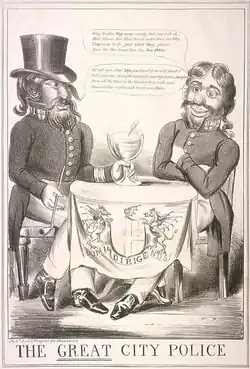 Cartoon showing two constables sitting at a table, one wearing a top hat and holding a glass of drink and a pipe. They are having a conversion, but the text is too indistinct to read it. The table cloth has the arms of the City of London on it, the motto 'Domine dirige nos' (Lord guide us) is clear.