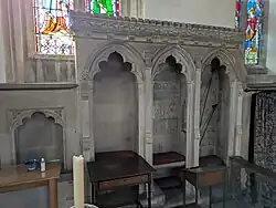Piscine and stepped sedilia at the 13th-century church of St. Mary the Virgin, at Great Milton, Oxfordshire, England. March 2025.