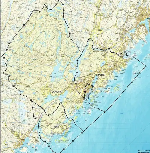 Map of Landvik prior to 1962 (also showing Eide and Fjære municipalities and the town of Grimstad)