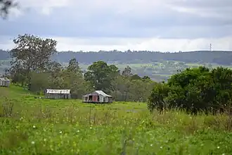 View over farmland at Groomsville looking east towards Pechey Forestry from Green Acres Road, 2015
