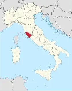 Map highlighting the location of the province of Grosseto in Italy