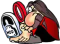 Logo depicting Richard Stallman with a magnifying glass checking a hard drive