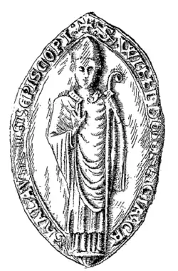 A woodcut illustration of a man in a robe, holding a crozier in one hand. The words of the seal in French are written in a rough oval around the man.